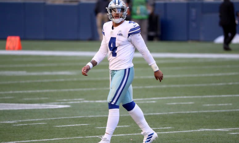 Dallas Cowboys quarterback Dak Prescott on the field in Seattle.