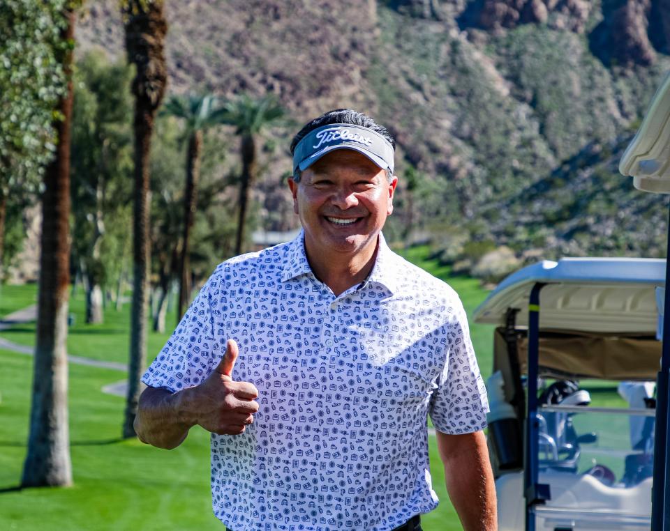 Board president and gold sponsor Ernesto Rosales gives a big thumbs up at the Big Brothers Big Sisters of the Desert's 25th annual golf tournament on Jan. 29, 2024.