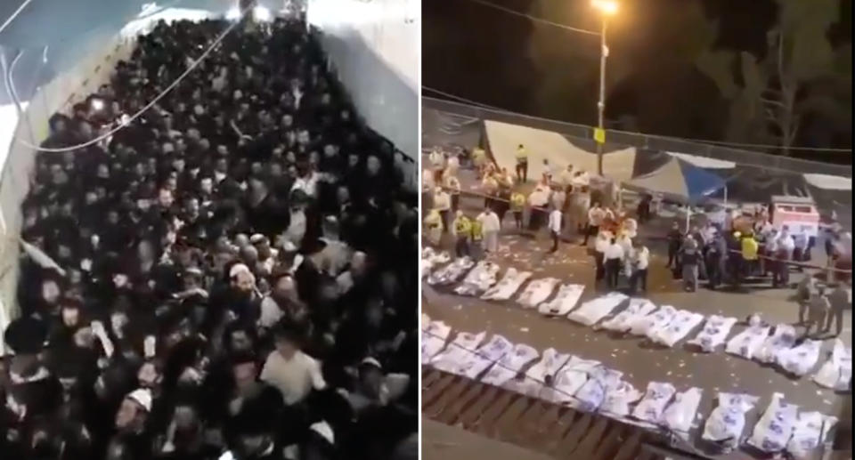 A crowd at the Jewish bonfire festival in northern Israel on the left. Pictured right are bodies laid out in the aftermath of the incident.