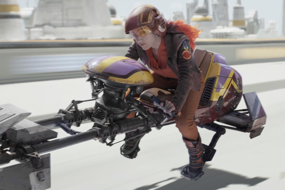Sabine Wren (Natasha Liu Bordizzo) hops on a speeder bike and is forever a rebel in "Ahsoka."