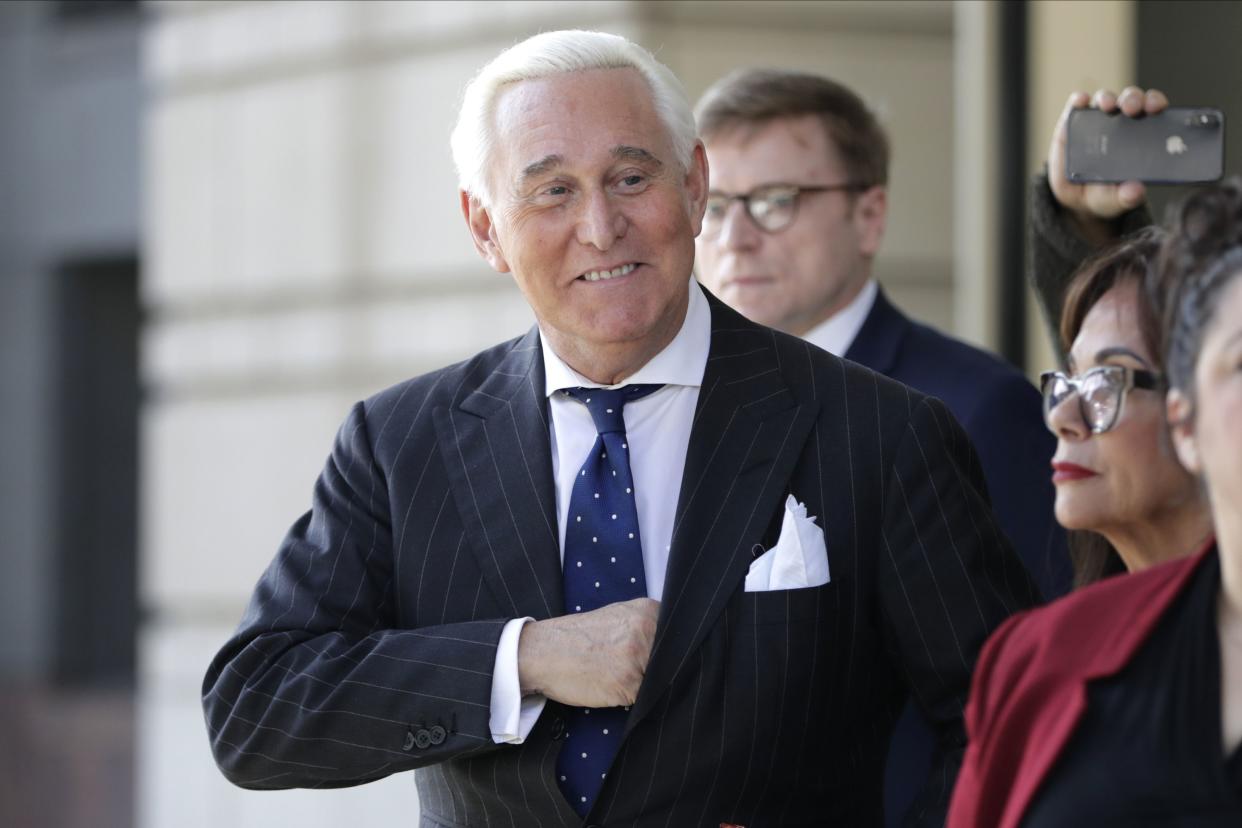 Roger Stone exits federal court in Washington on Nov. 15, 2019.