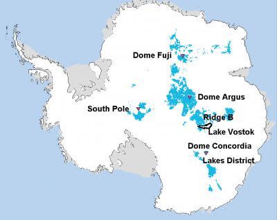 Locations (in blue) where 1.5-million-year-old Antarctic ice could lurk.