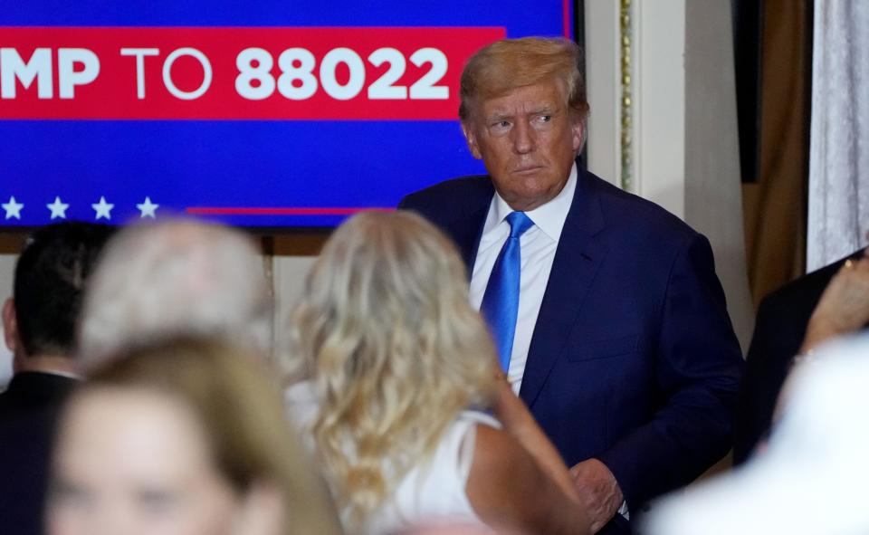 Former president Donald Trump greets supporters in the ballroom during an election watch party at Mar-a-Lago in Palm Beach, FL. Tuesday, Nov. 8, 2022. [JIM RASSOL/palmbeachpost.com]