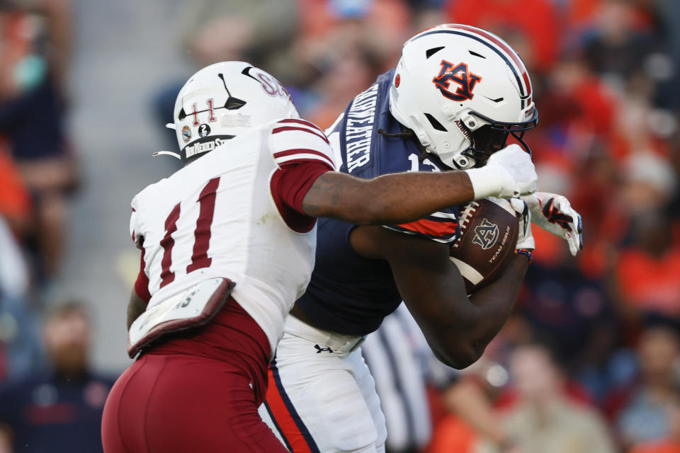 Auburn tight end Rivaldo Fairweather (13) catches a pass over New Mexico State safety Dylan Early (11) for a touchdown during the first half of an NCAA college football game Saturday, Nov. 18, 2023, in Auburn, Ala. (AP Photo/Butch Dill)