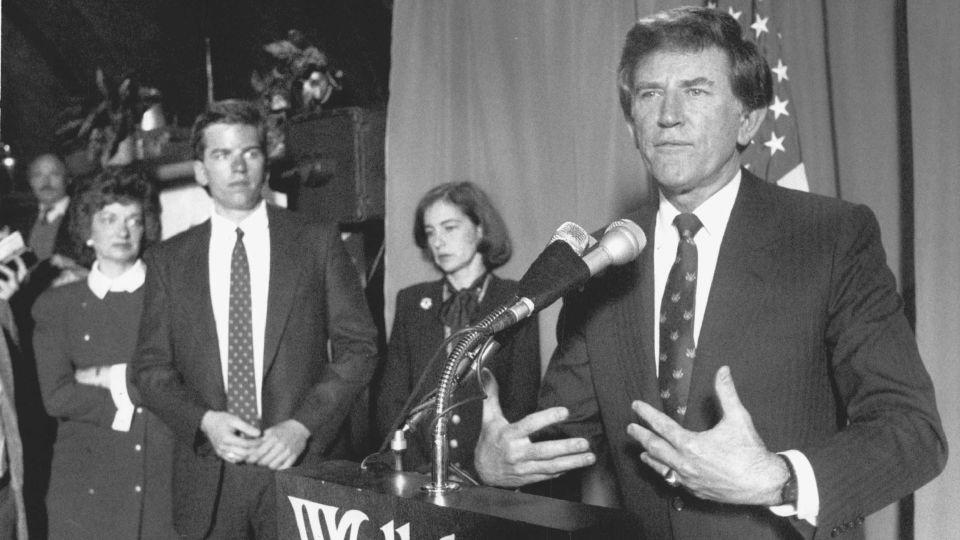 Former US Sen. Gary Hart ends his campaign for president on March 12, 1988. Hart had suspended his campaign the previous year after reports that he'd an an extramarital affair. - Denver Post/Getty Images