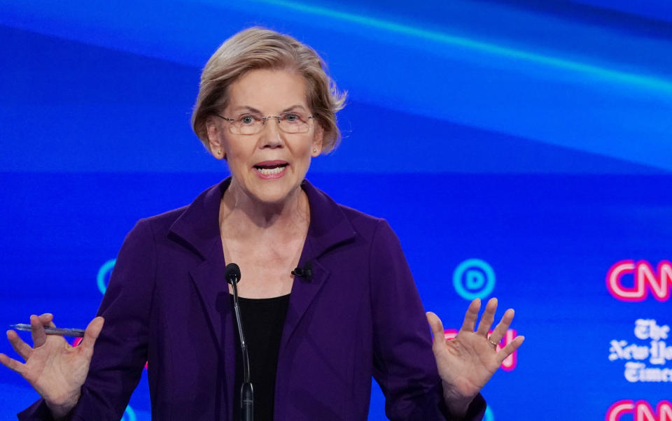 Democratic presidential candidate Senator Elizabeth Warren speaks during the fourth U.S. Democratic presidential candidates 2020 election debate at Otterbein University in Westerville, Ohio U.S., October 15, 2019. REUTERS/Shannon Stapleton