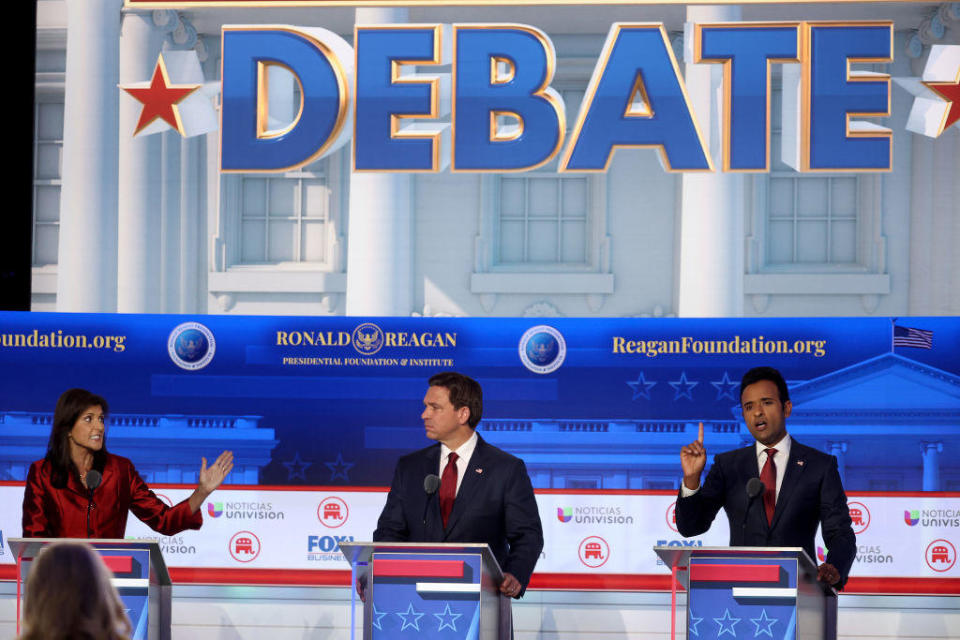 Republican candidates participate in the second Republican primary debate at the Ronald Reagan Presidential Library on Sept. 27, 2023, in Simi Valley, California. / Credit: Justin Sullivan/Getty Images