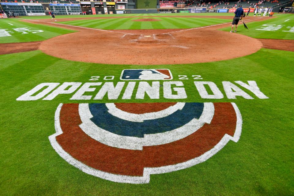 HOUSTON, TX - APRIL 18: Opening Day signage following the the baseball game between the Los Angeles Angels and Houston Astros at Minute Maid Park on April 18, 2022 in Houston, TX. (Photo by Ken Murray/Icon Sportswire via Getty Images)