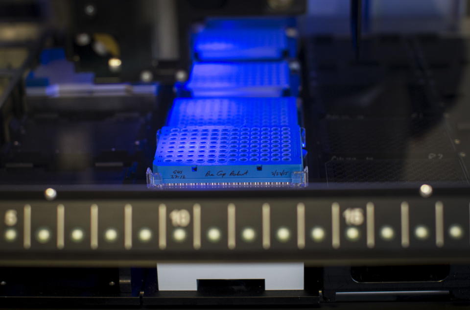 A robotic DNA sample automation machine works on DNA samples at a Regeneron Pharmaceuticals Inc. laboratory at the biotechnology company's  headquarters in Tarrytown, New York March 24, 2015. Drug manufacturers have begun amassing enormous troves of human DNA in hopes of significantly shortening the time it takes to identify new drug candidates, a move some say is transforming the development of medicines. The efforts will help researchers identify rare genetic mutations by scanning large databases of volunteers who agree to have their DNA sequenced and to provide access to detailed medical records. Picture taken March 24, 2015.      To match HEALTH-PRECISIONMEDICINE/      REUTERS/Mike Segar