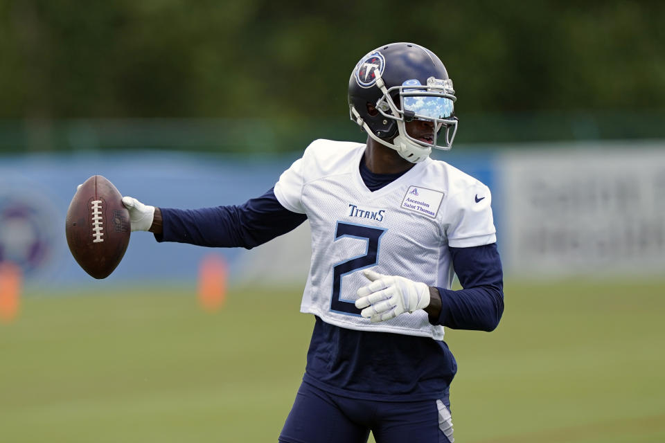 Tennessee Titans wide receiver Julio Jones runs a drill during an NFL football minicamp Wednesday, June 16, 2021, in Nashville, Tenn. (AP Photo/Mark Humphrey, Pool)