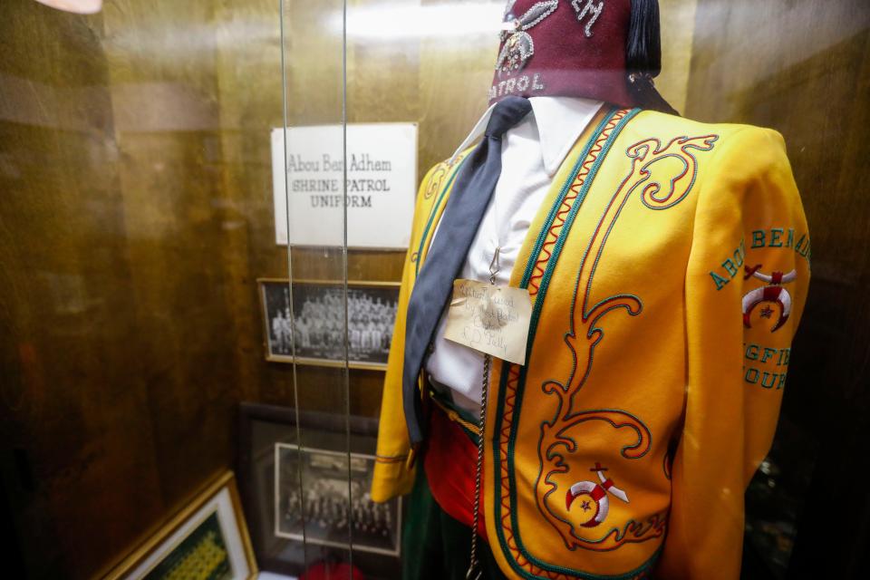 An Abou Ben Adhem Shrine Patrol uniform on display in the Shrine's museum in the basement on Friday, Sept. 8, 2023. The Shrine is celebrating its 100th anniversary this fall.