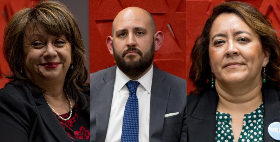 From left, former Judge Alma Trejo, El Paso deputy public defender James Montoya and former assistant district attorney Nancy Casas were part of the El Paso Chamber’s forum on Jan. 18, 2024, for candidates seeking the district attorney seat in the upcoming Democratic primary election.
(Credit: GABY VELASQUEZ/ EL PASO TIMES)