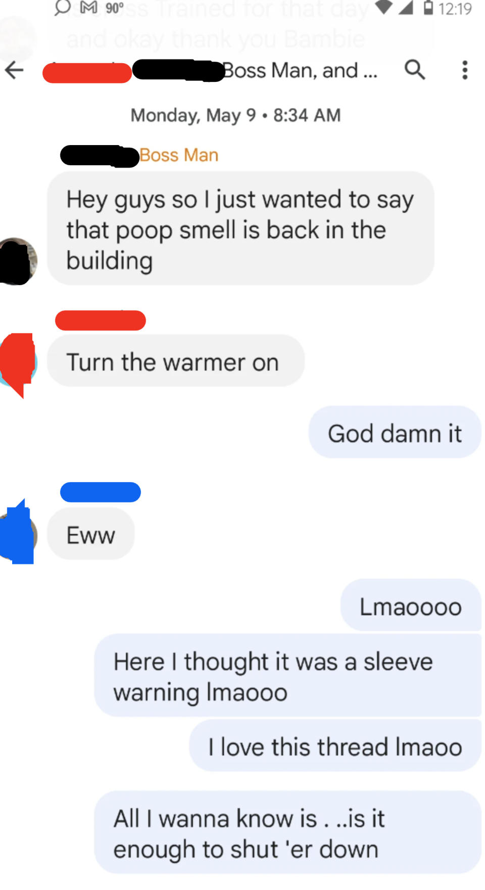 Work group chat about poop smell