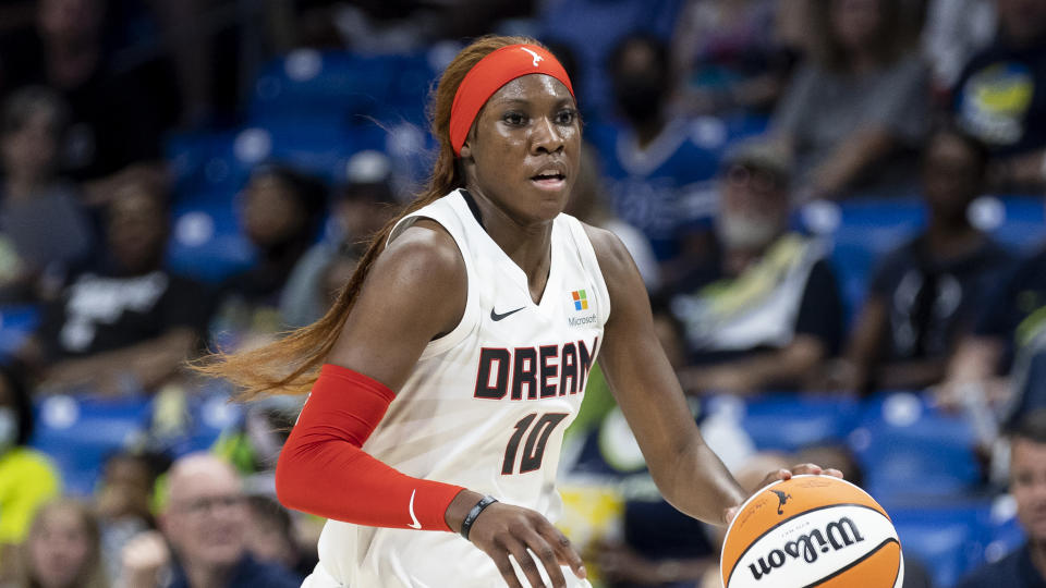 Atlanta Dream forward Rhyne Howard is seen during a WNBA basketball game against the Dallas Wings, Saturday, May 7, 2022, in Arlington, Texas. Atlanta won 66-59. (AP Photo/Brandon Wade)