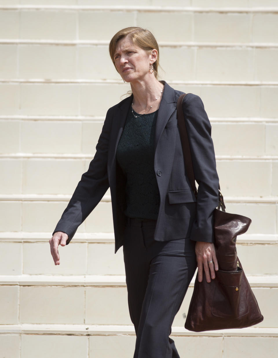 Samantha Power, the U.S. ambassador to the United Nations, arrives for a ceremony marking the 20th anniversary of the Rwandan genocide, held at the Kigali Genocide Memorial Center in Kigali, Rwanda Monday, April 7, 2014. Rwanda is commemorating Monday the 20th anniversary of its devastating genocide in which machete and gunfire attacks killed more than 1 million people. (AP Photo/Ben Curtis)