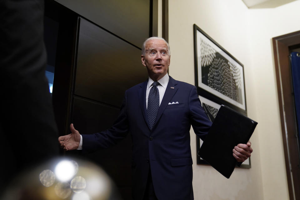 President Joe Biden responds to a question as he leaves after speaking about meetings with Saudi Crown Prince Mohammed bin Salman at the Waldorf Astoria Jeddah Qasr Al Sharq hotel, Friday, July 15, 2022, in Jeddah, Saudi Arabia. (AP Photo/Evan Vucci)