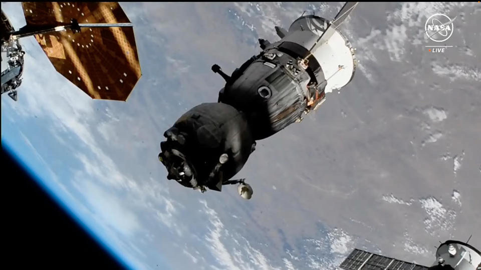 The Soyuz MS-24 spacecraft backs away from the International Space Station. / Credit: NASA TV