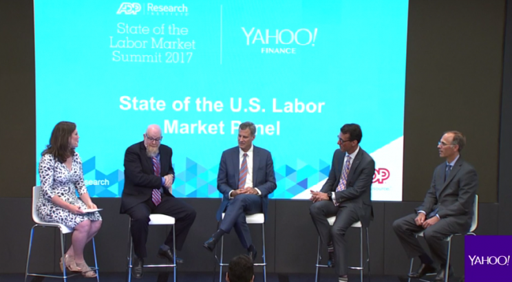 Nicole Sinclair of Yahoo Finance sits down with economists Erik Hurst (far left), Alan Krueger, Jan Siegmund, and Moody's Mark Zandi as part of the ADP Research Institute summit