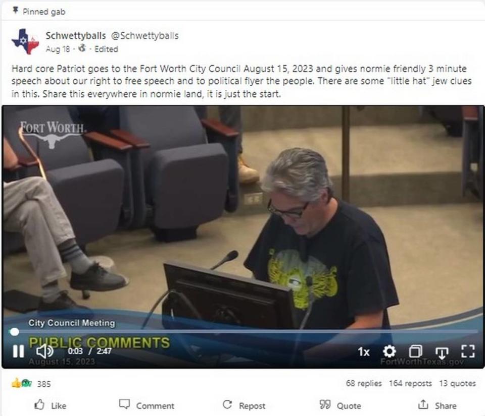 A post on the social media site Gab, of a video clip of a man speaking at a Fort Worth city council meeting.