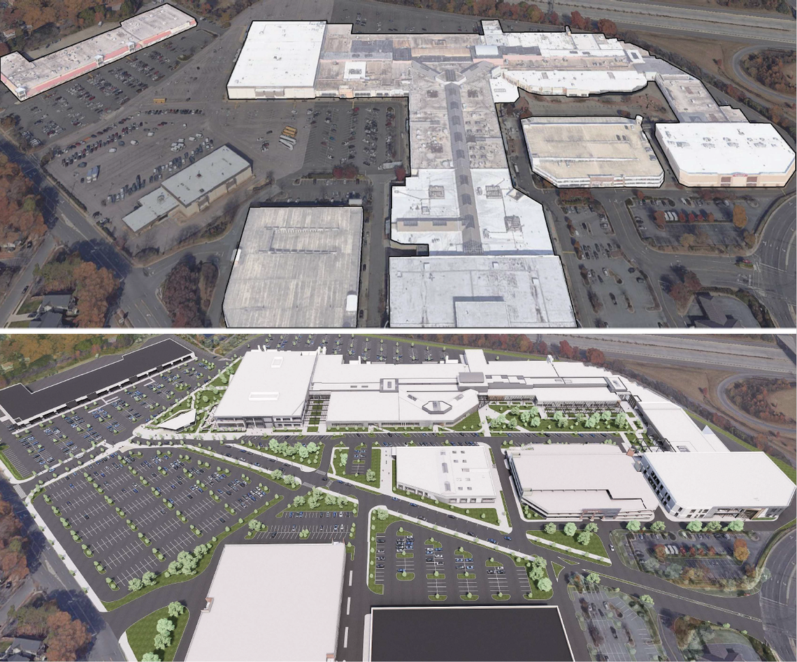 Northgate Mall, today and tomorrow, according to a rendering proposed Thursday, Feb. 16, 2022 by Northwood Retail. Their vision is for a life science office complex with some shops and a small park. Morningstar Law Group