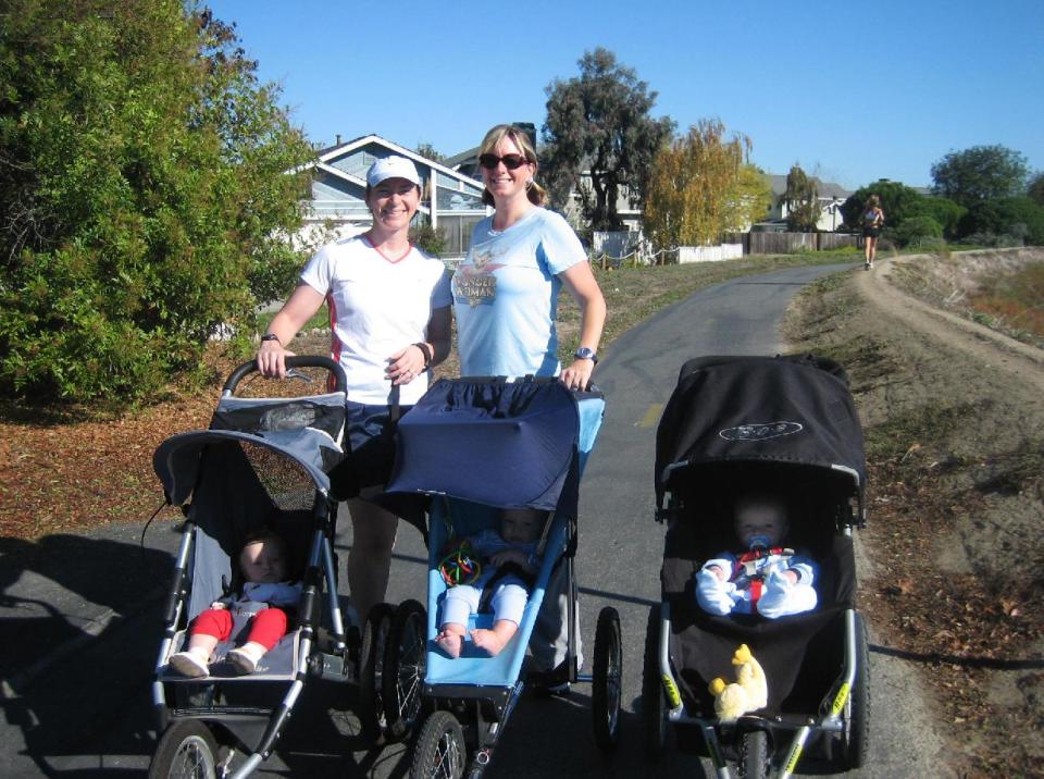 In this October 2006 photo provided by courtesy of Stroller Hikes, mothers with their babies pose for a photo during a Stroller Hike along the Bay Trail through Foster City, Calif. The non-profit organization, Stroller Hikes, arranges numerous hikes each week for parents in the San Francisco Bay area. (AP Photo/Courtesy Stroller Hikes, Debbie Frazier)