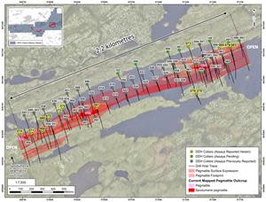 Drill hole collar locations at the CV5 Pegmatite for holes completed through 2022