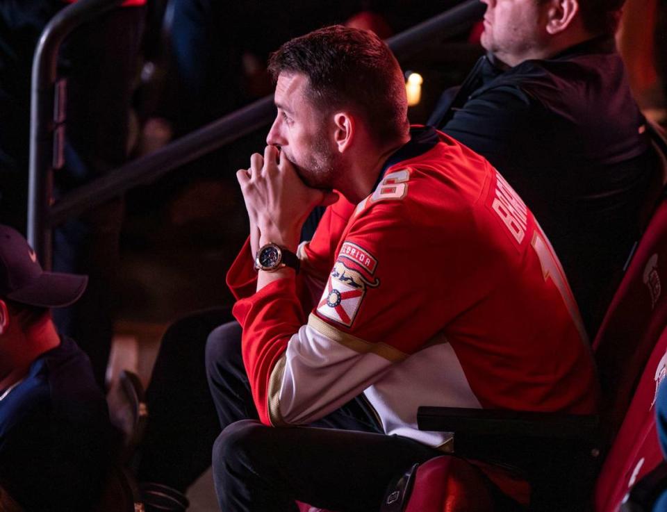 A Florida Panthers fan sits during the second period as he watches his team lose against the Edmonton Oilers in Game 4 of the NHL Stanley Cup Final.