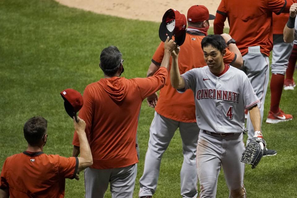 Cincinnati Reds' Shogo Akiyama celebrates after a baseball game against the Milwaukee Brewers Saturday, Aug. 8, 2020, in Milwaukee. The Reds won 4-1. (AP Photo/Morry Gash)