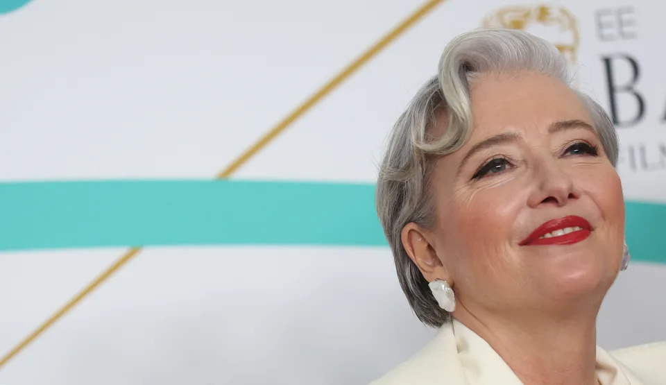 British actress Emma Thompson poses on the red carpet upon arrival at the BAFTA British Academy Film Awards at the Royal Festival Hall, Southbank Centre, in London, on February 19, 2023. (Photo by ISABEL INFANTES / AFP) (Photo by ISABEL INFANTES/AFP via Getty Images)