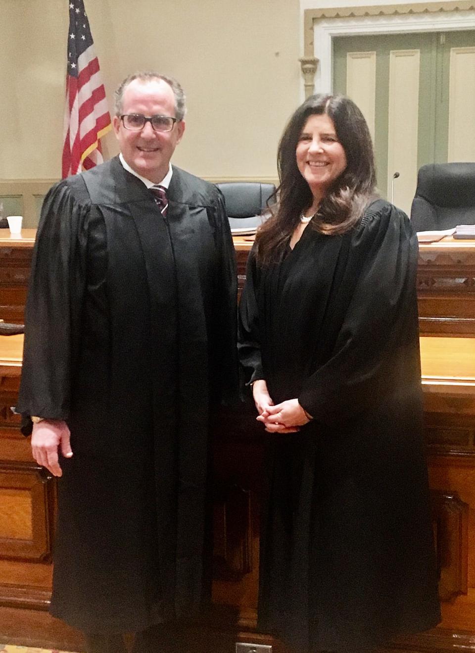 Wayne County President Judge Janine Edwards (right) oversaw the investiture ceremony in which Matt Meagher of Honesdale (left) was sworn in as a Judge in the Court of Common Pleas.