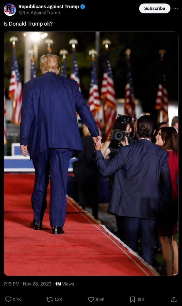 Online users claimed a photo purportedly showed former US President Donald Trump holding the hand of his son because he needed help leaving a stage.