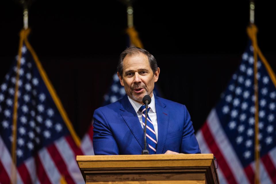 Utah State Rep. John Curtis speaks during the Utah Republican Party Organizing Convention at Utah Valley University in Orem on April 22, 2023. | Ryan Sun, Deseret News