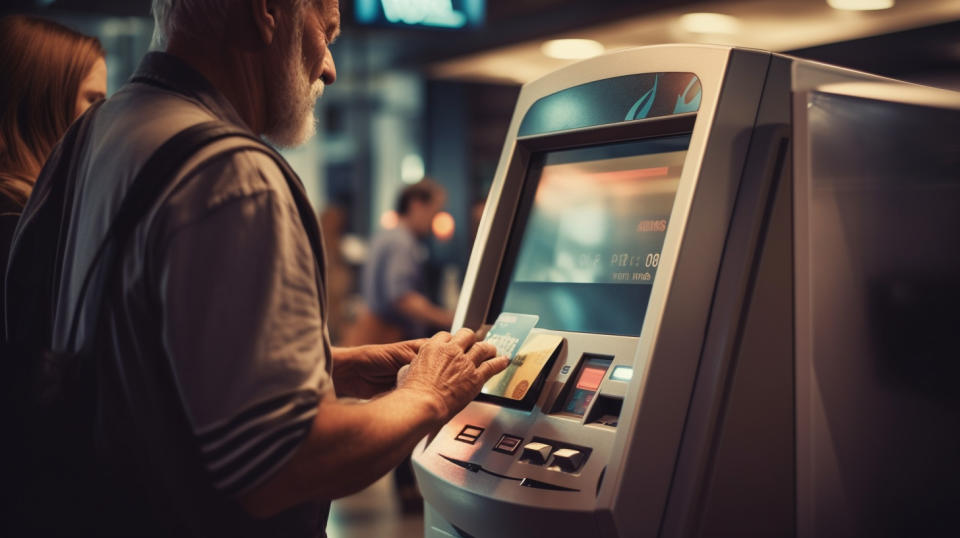 An ATM machine in a shopping mall with a customer sliding their card and making a transaction.