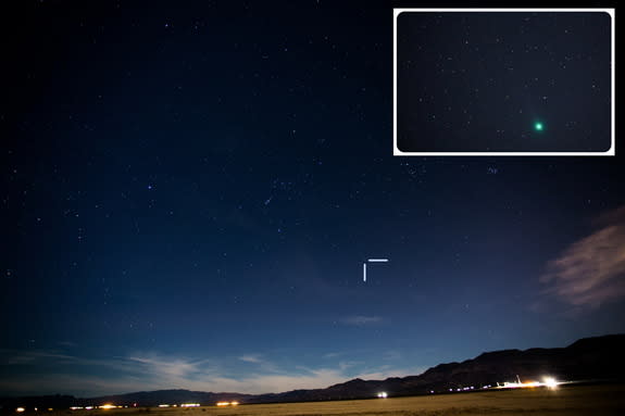 Night sky photographer Tyler Leavitt used a wide-angle lens to capture this photo of the green Comet Lovejoy from Las Vegas, Nevada on Jan. 7, 2015. The comet is shown first in a wide-angle view with the Orion constellation, with the inset box