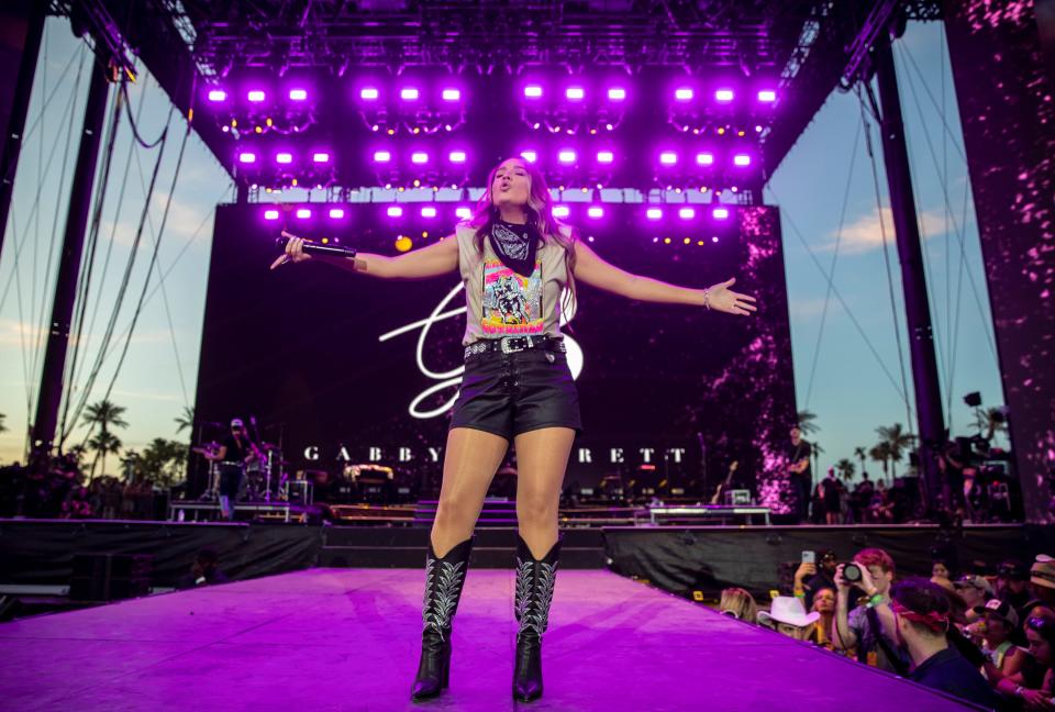 Gabby Barrett performs Keith Urban's "Somebody Like You" on the Mane stage at Stagecoach at the Empire Polo Club in Indio, Calif., Saturday, April 29, 2023. 