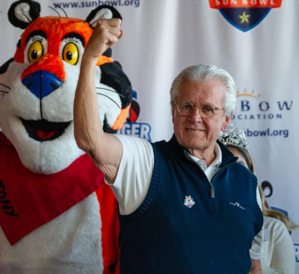 Tony the Tiger Sun Bowl Chairman John Folmer celebrates as they announce Notre Dame will be facing Oregon State at the Sun Bowl at Sunland Park Racetrack and Casino on Dec. 3, 2023.