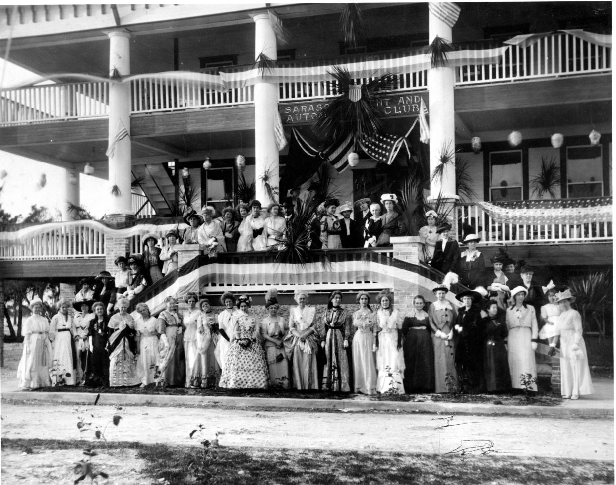 Members of the Sarasota Woman’s Club dressed in colonial fashion for tea at the Yacht and Automobile Club, circa 1914.