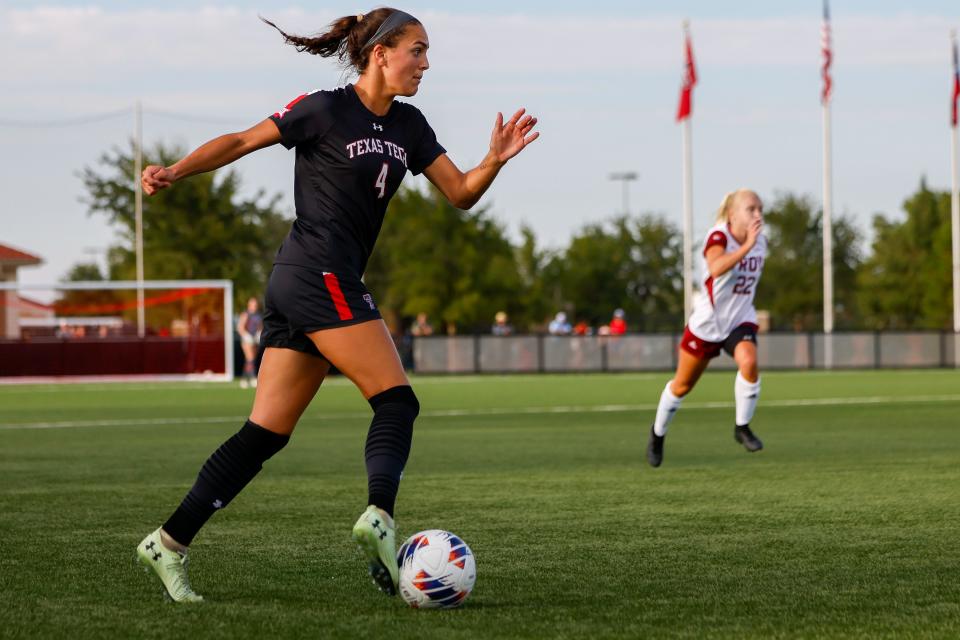 Texas Tech’s Charlotte Teeter (4) juggles the ball during a NCAA soccer match on Thursday, Aug. 18, 2022, at the John Walker Soccer Complex in Lubbock, Texas.