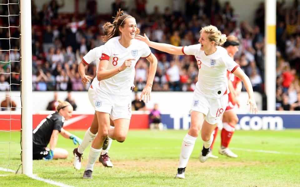 Captain Jill Scott's header has doubled England's lead over Denmark in Walsall - Getty Images Europe