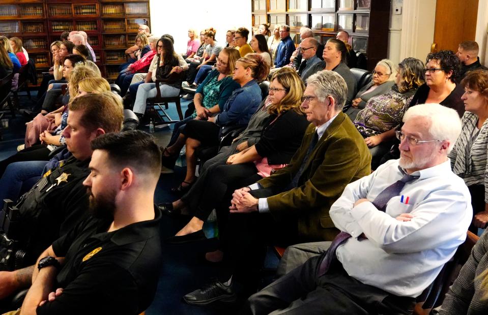 A packed courtroom listens to testimony from Edward "Jake" Wagner, 29, during the trial of his brother, George Wagner IV, 31, in Pike County Common Pleas Court in Waverly, Ohio, on Oct. 24.