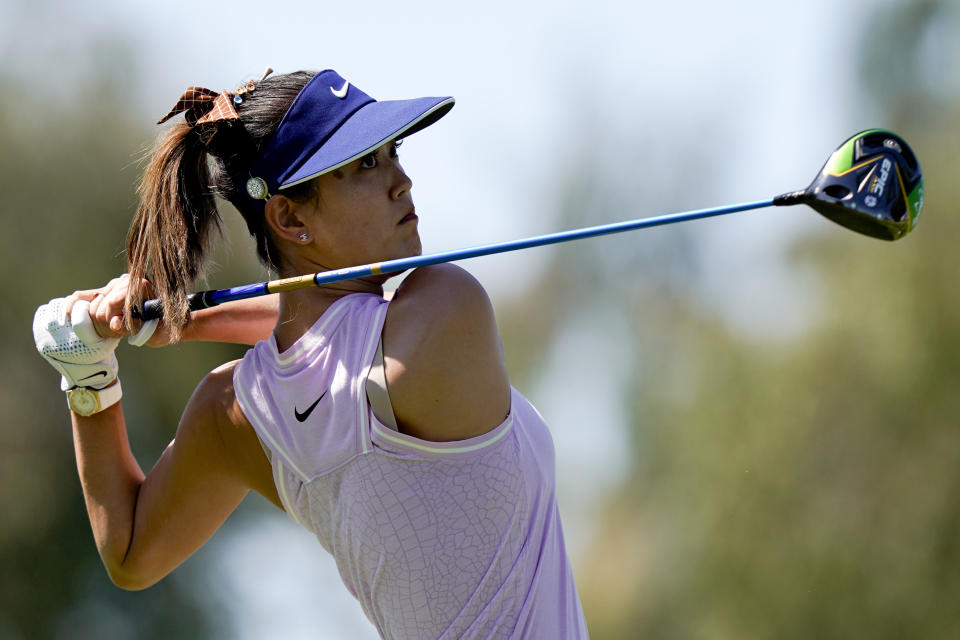 Michelle Wie watches her tee shot on the 12th hole during the first round of the LPGA Tour ANA Inspiration golf tournament at Mission Hills Country Club on Thursday, April 4, 2019, in Rancho Mirage, Calif. (AP Photo/Chris Carlson)