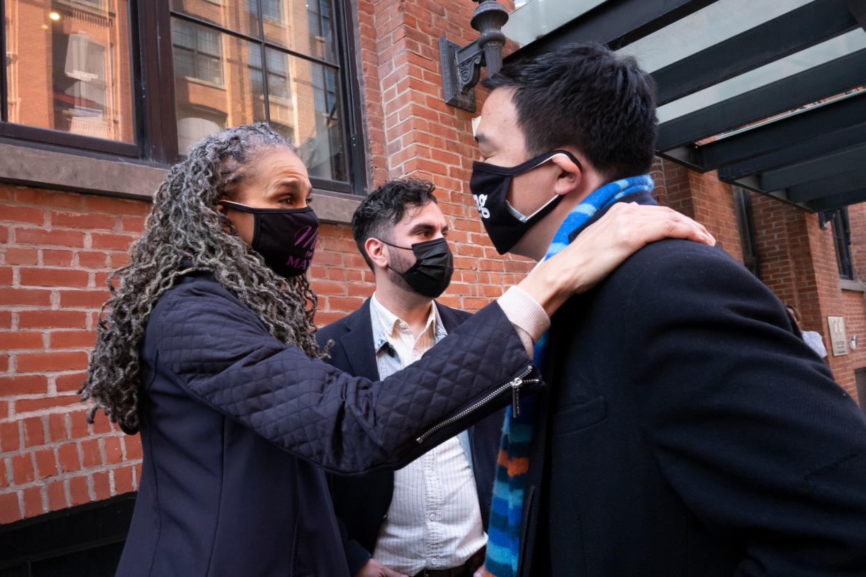 Democratic mayoral candidates Maya Wiley, left, and Andrew Yang talk following a news conference, Thursday, March 11, in the Dumbo neighborhood of New York. 