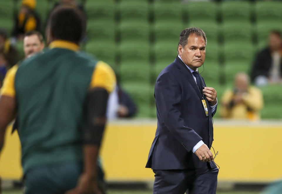 Australian coach Dave Rennie watches his players warm up ahead of the second rugby test between France and Australia in Melbourne, Australia, Tuesday, July 13, 2021. (AP Photo/Asanka Brendon Ratnayake)