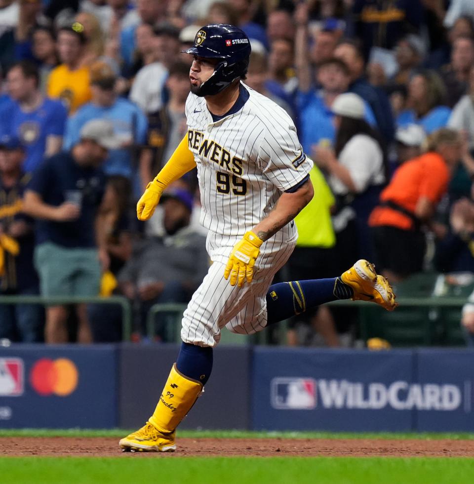 Milwaukee Brewers catcher Gary Sánchez (99) doubles (1) on a sharp line drive to New York Mets left fielder Brandon Nimmo (9) during the second inning of Game 3 of National League wild-card series on Thursday October 3, 2024 at American Family Field in Milwaukee, Wis.