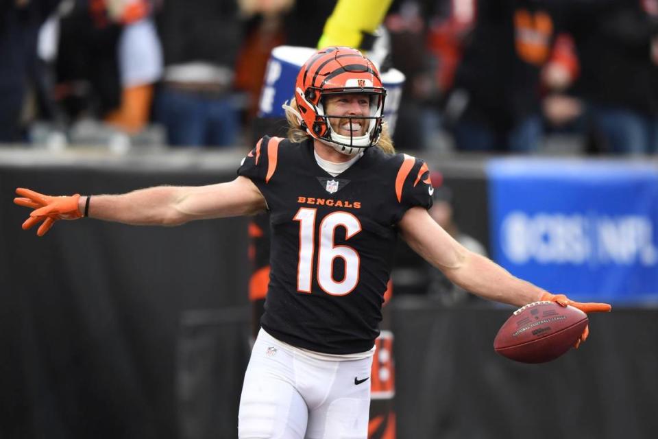 Cincinnati wide receiver Trenton Irwin celebrates his touchdown during the second half against Cleveleland on Sunday.