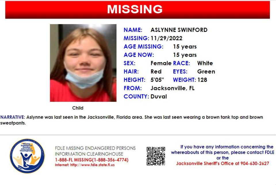 Aslynne Swinford was reported missing from Jacksonville on Nov. 29, 2022.