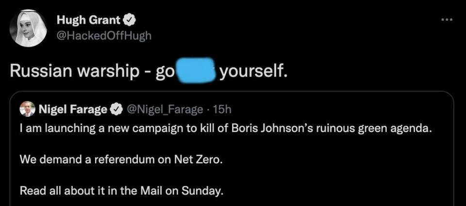 Hugh Grant’s response to Nigel Farage (Twitter)