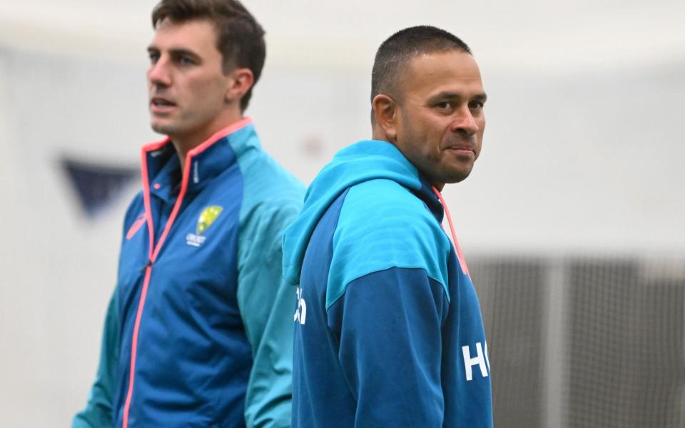 Cummins and Khawaja in training before the second Test in Melbourne