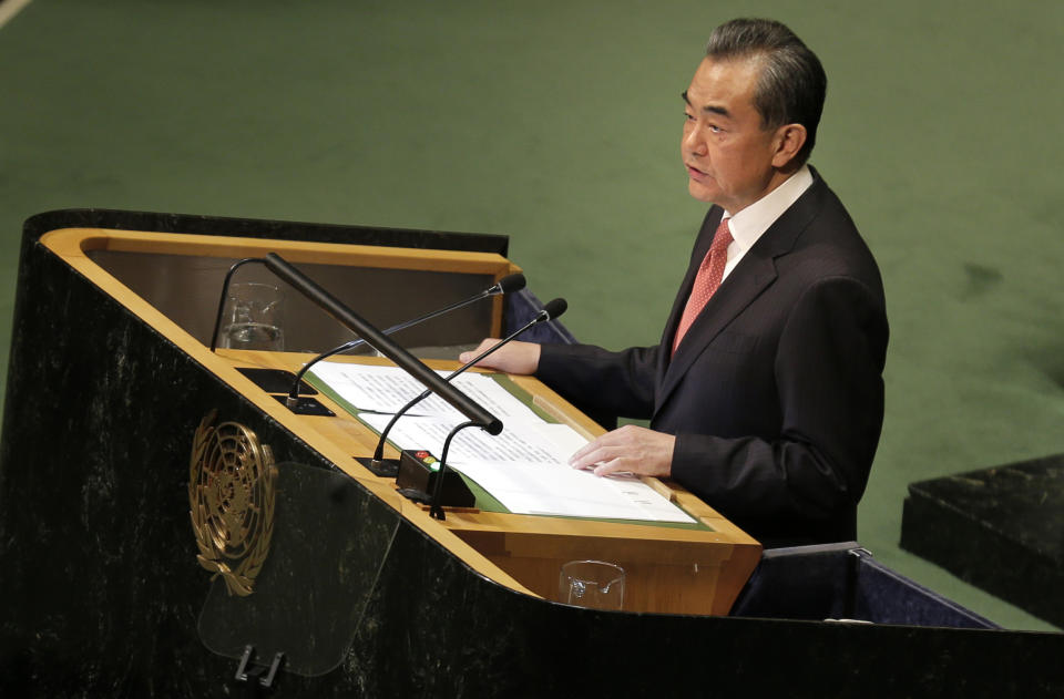 China's Foreign Minister Wang Yi addresses the 73rd session of the United Nations General Assembly, at U.N. headquarters, Friday, Sept. 28, 2018. (AP Photo/Seth Wenig)