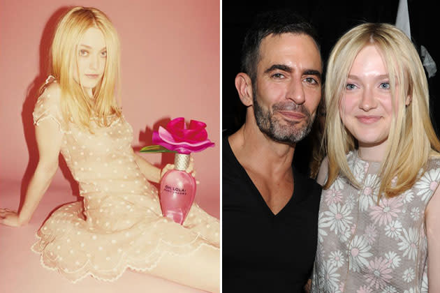 Dakota Fanning in der provokanten Anzeige und mit Designer Marc Jacobs (Bilder: PR, Getty Images)